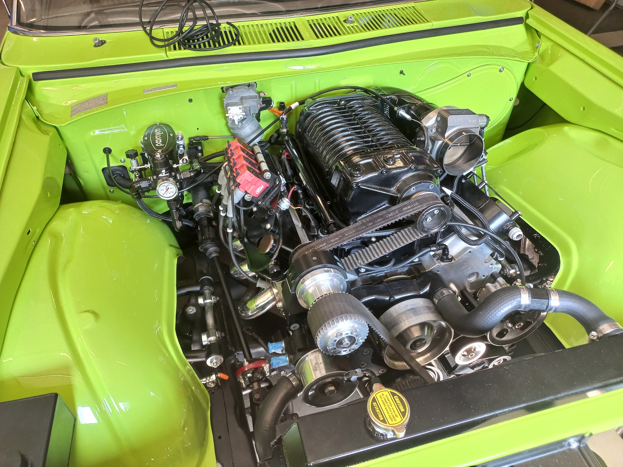 Supercharged V8 sitting in the engine bay of a lime green classic Holden, with polished belts and braided lines